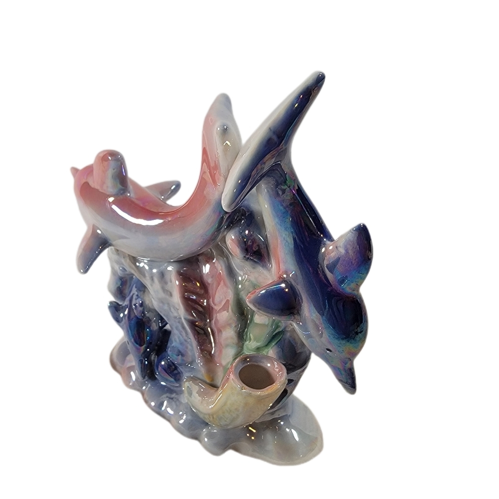 Dolphins and Coral Reefs L6"x5 1/2"Hx2" 1/2"W. Iridescent Ceramic Figurine - Picture 2 of 8